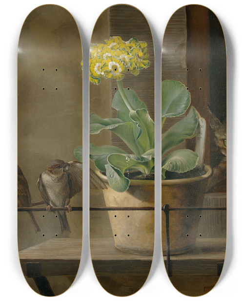 Triptych art skateboard deck of Martinus Rrbye Still Life With A Primrose In A Flowerpot A Cat And Two Sparrows by Martinus Rorbye (1803-1848)