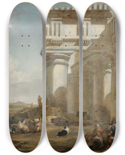 Triptych art skateboard deck of Jan Baptist Weenix A Roman Temple With Cattle Herders by Jan Baptist Weenix (1621-1660)
