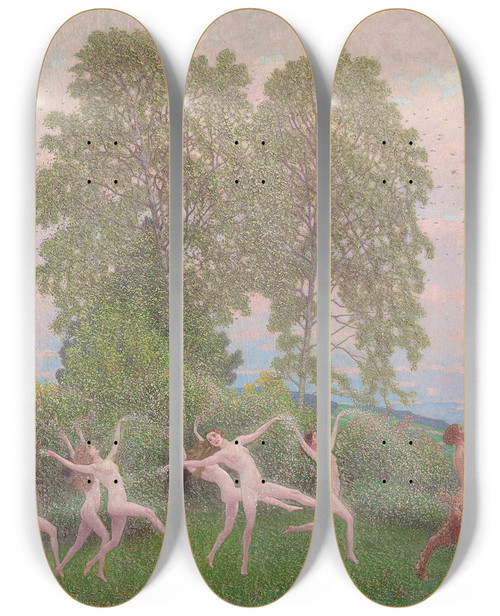 Triptych art skateboard deck of Maximilian Lenz The Dance Of The Fawn by Maximilian Lenz (1860-1948)