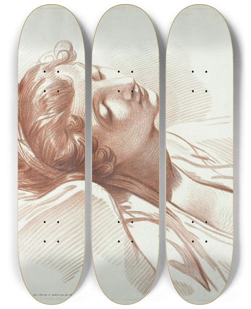 Triptych art skateboard deck of Jeanbaptiste Lucien Head Of A Young Woman Asleep by Jean-Baptiste Lucien (1748-1806)