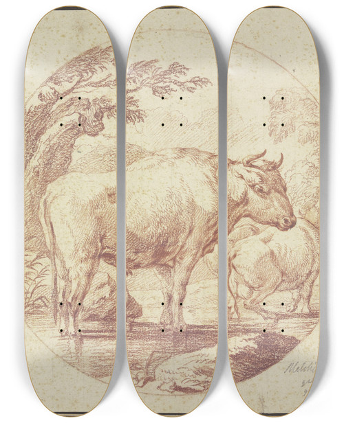 Triptych art skateboard deck of Johann Melchior Roos Cattle Drinking by Johann Melchior Roos (1663-1731)