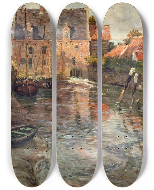 Triptych art skateboard deck of Frits Thaulow Low Water by Frits Thaulow (1847-1906)