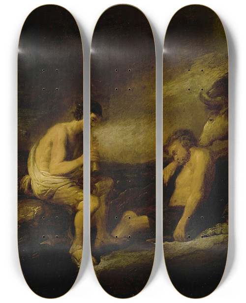 Triptych art skateboard deck of Benjamin Gerritsz Cuyp Argus Mercury And Io by Benjamin Gerritsz Cuyp (1612-1652)