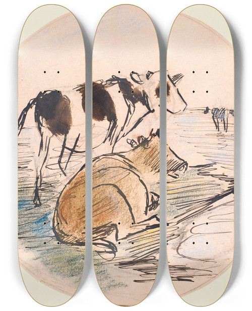 Triptych art skateboard deck of Theodor Philipsen Kalve P Saltholm Udkast Til Keramisk Fad by Theodor Philipsen (1840-1920)