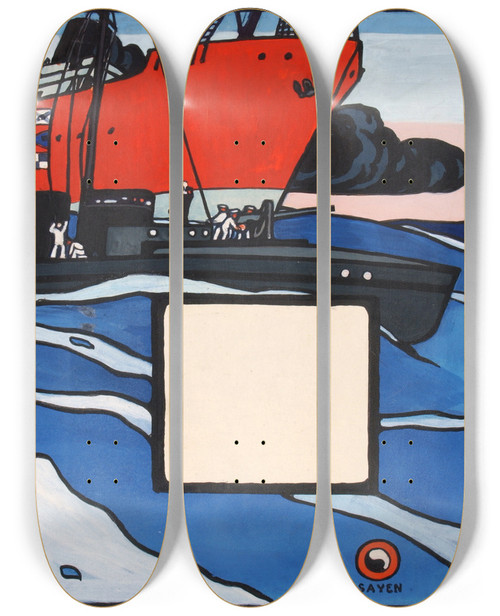 Triptych art skateboard deck of Henry Lyman Saen Untitled Naval Action by Henry Lyman Saen (1875-1918)