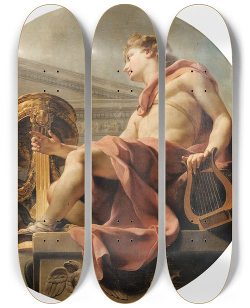 Triptych art skateboard deck of Charlesandr Van Loo Apollo Seated Holding A Lyre In Front Of An Athenienne And A Snake by Charles-Andr van Loo (1705-1765)