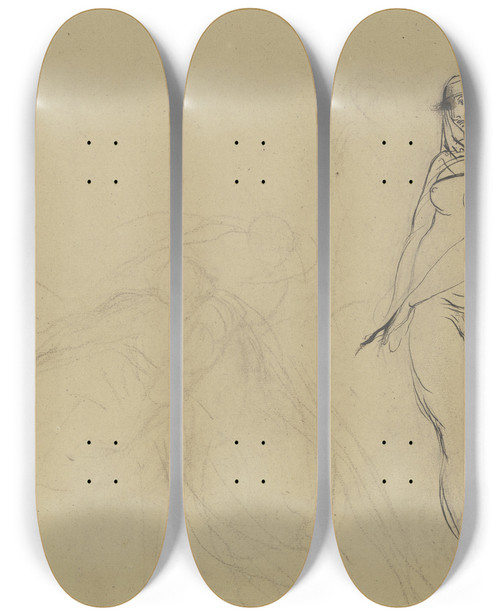 Triptych art skateboard deck of Victor Mller Weiblicher Akt Links Zwei Heftig Bewegte Gestalten by Victor Muller (1829-1871)