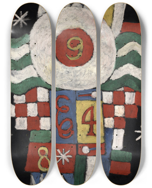 Triptych art skateboard deck of Marsden Hartley Collection Of Numbers Designs And Letters Seen By Me At The Beginning Of The War In Berlinmilitary Innature by Marsden Hartley (1877-1943)