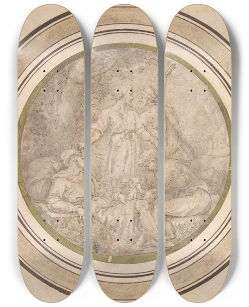 Triptych art skateboard deck of Friedrich Sustris The Drunkenness Of Noah by Friedrich Sustris (1540-1599)