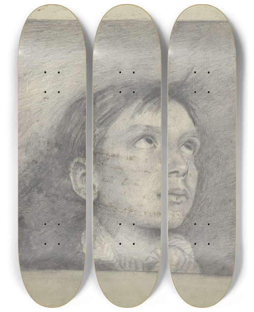 Triptych art skateboard deck of Otto Scholderer Kopf Eines Nach Oben Blickenden Knaben by Otto Scholderer (1834-1902)