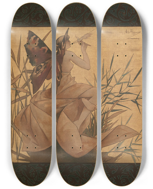 Triptych art skateboard deck of Alexandre De Riquer Composition With Winged Nymph Blowing Amongst Reeds by Alexandre de Riquer (1856-1920)