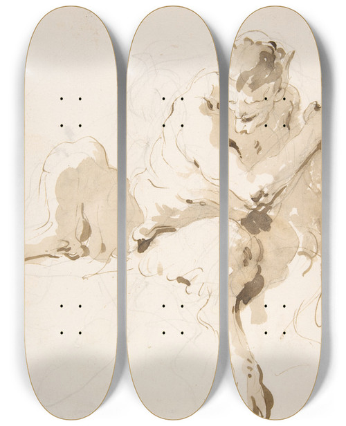 Triptych art skateboard deck of Giovanni Battista Tiepolo Seated Satyr Holding A Garland_1 by Giovanni Battista Tiepolo (1696-1770)