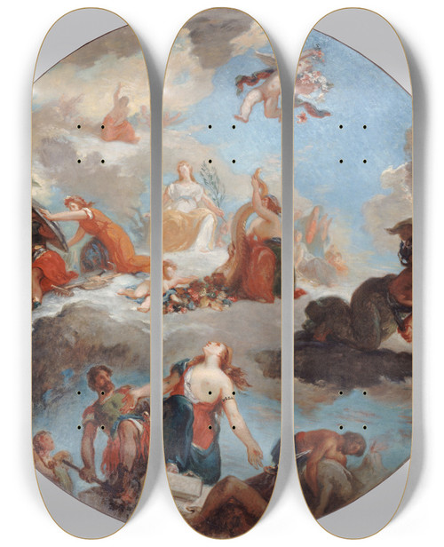 Triptych art skateboard deck of Raimundo De Madrazo Y Garreta La Paix Vient Consoler Les Hommes Et Leur Ramne Labondance by Raimundo De Madrazo Y Garreta (1841-1920)