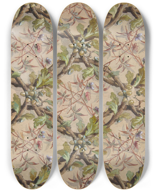 Triptych art skateboard deck of Julesedmondcharles Lachaise Design For Wallpaper Featuring Oak Leaves Acorns And Intertwined Twigs by Jules-Edmond-Charles Lachaise (1897)