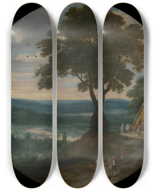 Triptych art skateboard deck of Jacques Fouquier Panoramic View Of Avignon by Jacques Fouquier (1590-1655)