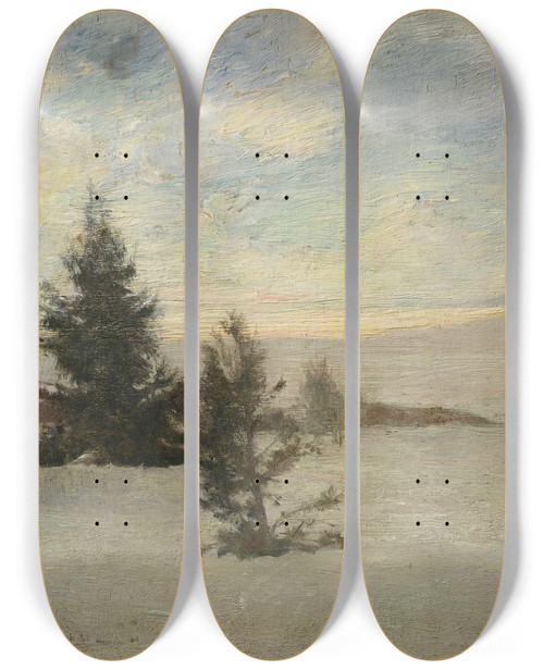 Triptych art skateboard deck of John La Farge Snow Weather by John La Farge (1835-1910)