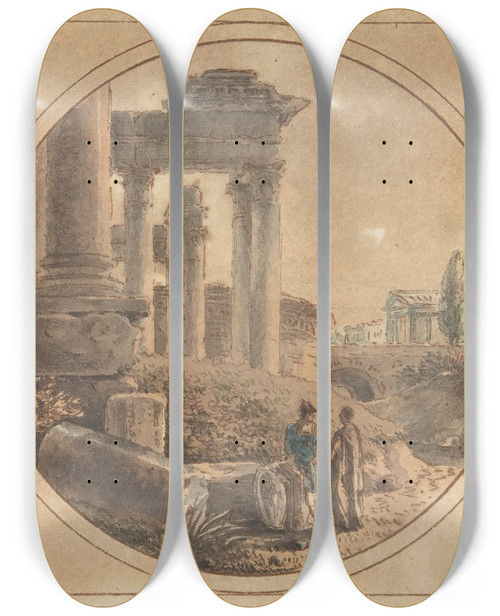 Triptych art skateboard deck of Victorjean Nicolle Fantasy View Of The Roman Forum by Victor-Jean Nicolle (1754-1826)