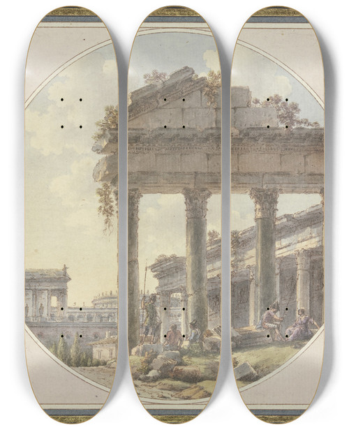 Triptych art skateboard deck of Victorjean Nicolle Architektonisches Capriccio Tempelruine Und Figurenstaffage by Victor-Jean Nicolle (1754-1826)