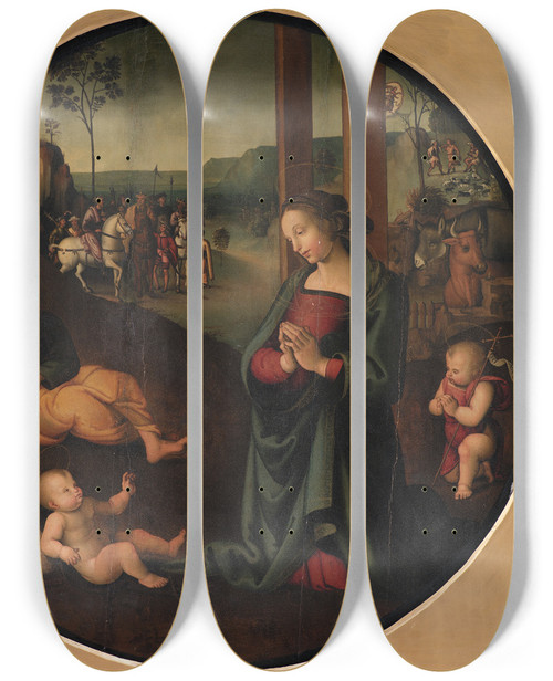 Triptych art skateboard deck of Pietro Perugino The Holy Family by Pietro Perugino (1450-1523)