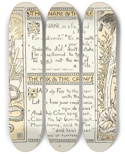 Triptych art skateboard deck of Walter Crane The Snake And The File The Fox And The Crow by Walter Crane (1845-1915)