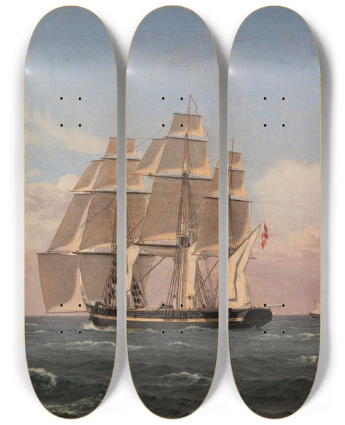 Triptych art skateboard deck of Christoffer Wilhelm Eckersberg The Corvette Najaden Under Sail_1 by Christoffer Wilhelm Eckersberg (1783-1853)