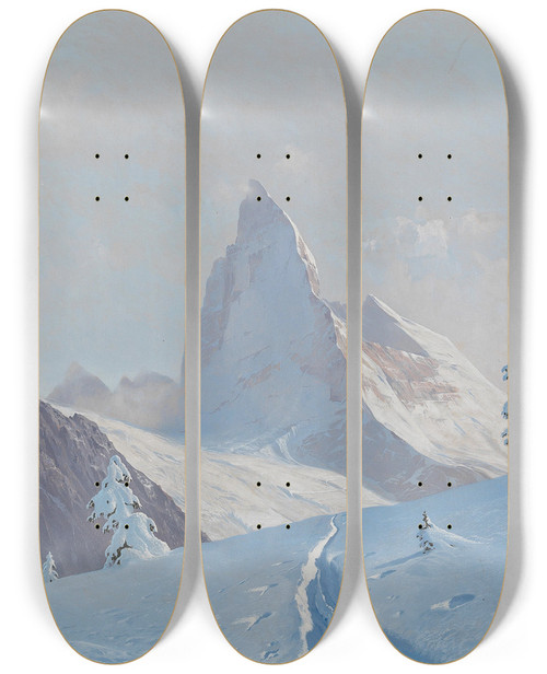 Triptych art skateboard deck of Toni Haller A View Of The Matterhorn by Toni Haller (1907-1944)