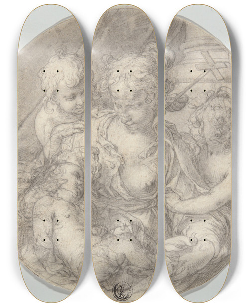 Triptych art skateboard deck of Abraham Bloemaert The Madonna With The Christ Child With The Infant John The Baptist And Another Child Caritas by Abraham Bloemaert (1564-1651)
