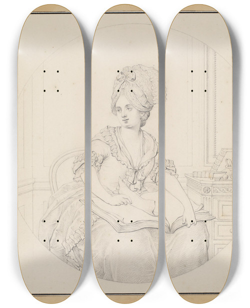 Triptych art skateboard deck of Wa Mller Yngre Dame Bladrende I En Foliant Der Ligger P Hendes Skd by WA Mller