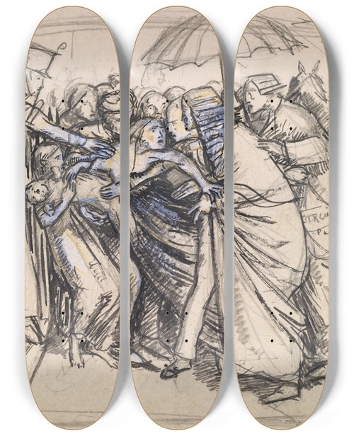 Triptych art skateboard deck of Sir John Everett Millais The Prisoners Wife Sketch Of The Wife Confronting Judge by Sir John Everett Millais (1829-1896)