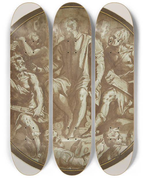 Triptych art skateboard deck of Workshop Of Giorgio Vasari Grand Duke Cosimo I Of Tuscany Surrounded By His Artists by Workshop Of Giorgio Vasari (1511-1574)