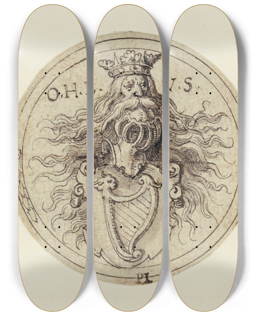 Triptych art skateboard deck of Virgil Solis Design For A Bookplate Or A Glass Etching by Virgil Solis (1514-1562)