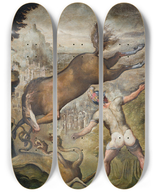 Triptych art skateboard deck of Jacopo Zanguidi Perseus And Andromeda Or Roger Freeing Angelica by Jacopo Zanguidi (1544-1574)