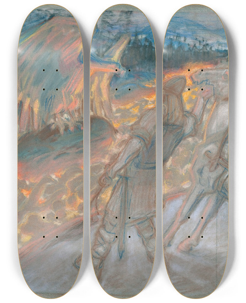 Triptych art skateboard deck of Akseli Gallenkallela Lemminkinen Tulijoella_1 by Akseli Gallen Kallela (1865-1931)