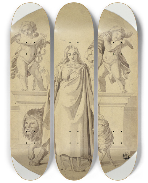 Triptych art skateboard deck of Frederic Leighton Allegorical Female Figure With Lion Lamb Two Putti by Frederic Leighton (1830-1896)