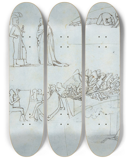 Triptych art skateboard deck of John Flaxman Sheet Of Sketches by John Flaxman (1755-1826)