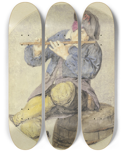 Triptych art skateboard deck of Cornelis Dusart Fltenspieler Auf Einem Fass Sitzend by Cornelis Dusart (1660-1704)