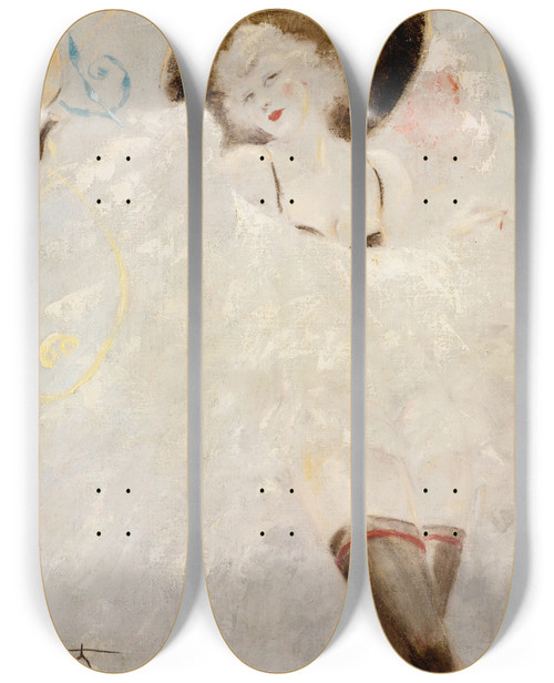 Triptych art skateboard deck of Louis Icart Danseuse De Cancan by Louis Icart (1888-1950)