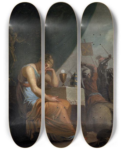 Triptych art skateboard deck of Nicolai Abildgaard Hierarchy At Its Peak At The Time Of The Crusades by Nicolai Abildgaard (1743-1809)
