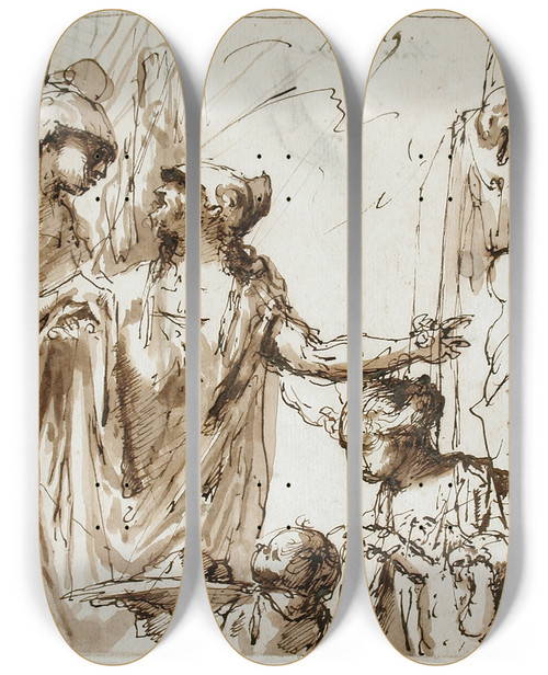 Triptych art skateboard deck of Sebastiano Ricci Classical Scene With Offering by Sebastiano Ricci (1659-1734)