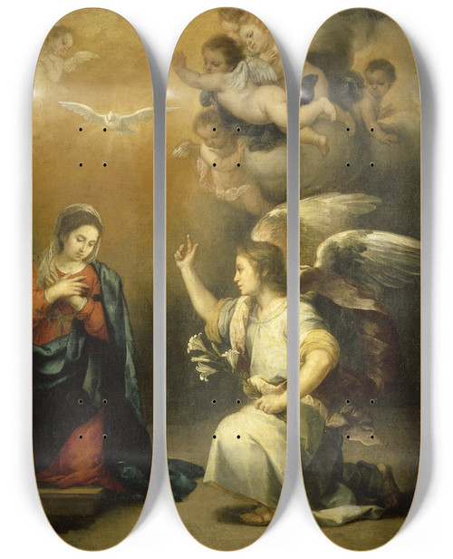 Triptych art skateboard deck of Bartolom Estebn Murillo Annunciation To The Virgin by Bartolome Esteban Murillo (1617-1682)