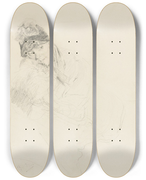 Triptych art skateboard deck of Giovanni Boldini Woman Wearing A Hat by Giovanni Boldini (1842-1931)