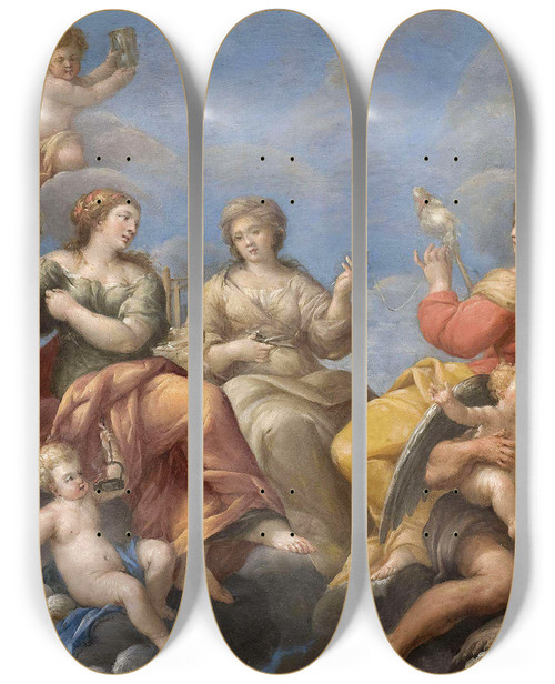 Triptych art skateboard deck of Bolognese School The Three Fates by Bolognese School