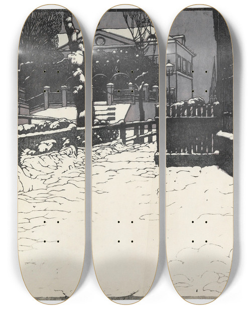 Triptych art skateboard deck of Carl Moll Verschneite Villa In Dbling by Carl Moll (1861-1945)