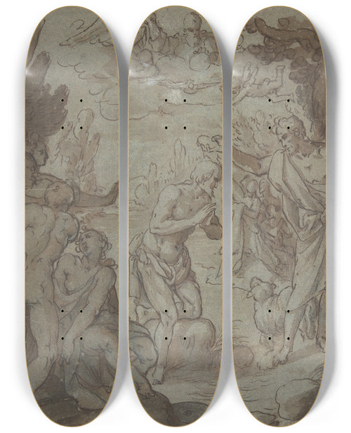 Triptych art skateboard deck of Circle Of Hans Rottenhammer Baptism Of Christ by Circle Of Hans Rottenhammer (1564-1625)
