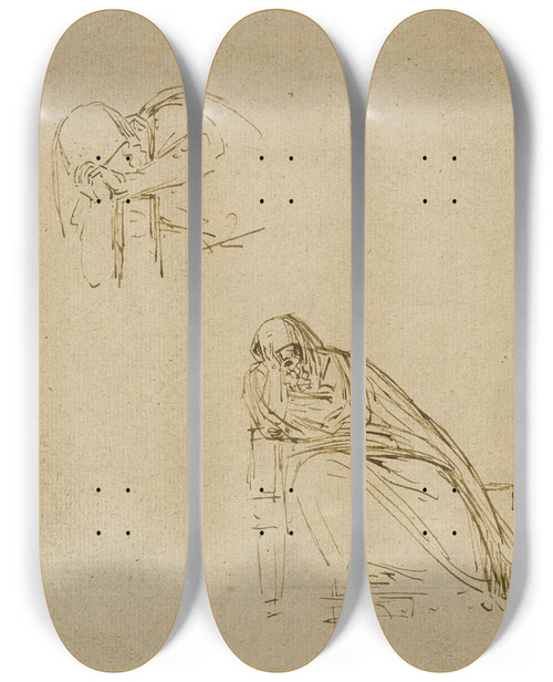 Triptych art skateboard deck of Benjamin West Two Sketches Of A Weeping Woman by Benjamin West (1738-1820)