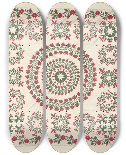 Triptych art skateboard deck of Margaret Concha Quilt by Margaret Concha