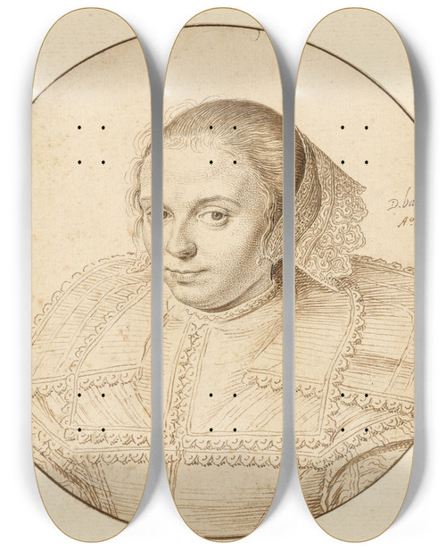 Triptych art skateboard deck of David Bailly Portrait Of A Woman by David Bailly (1584-1657)
