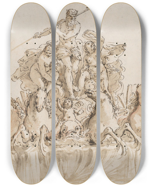 Triptych art skateboard deck of Francesco Fontebasso Design For A Fountain With Neptune In His Chariot by Francesco Fontebasso (1707-1769)