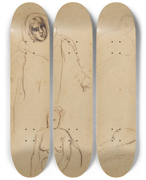 Triptych art skateboard deck of Eugne Delacroix Studies For Christopher Columbus by Eugene Delacroix (1798-1863)
