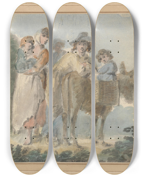 Triptych art skateboard deck of Samuel Shelley A Peasant Family With Donkey by Samuel Shelley (1750-1808)